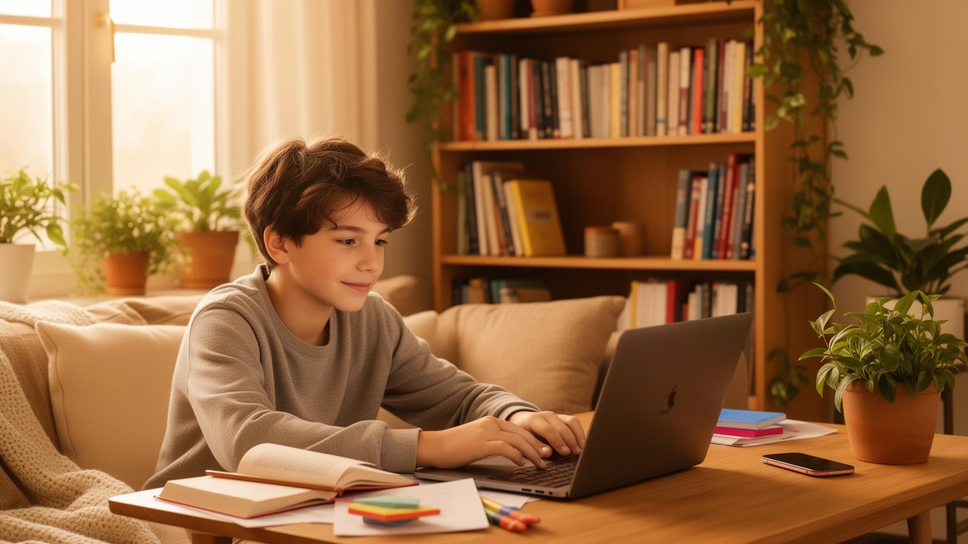 Studente che studia a casa con il laptop